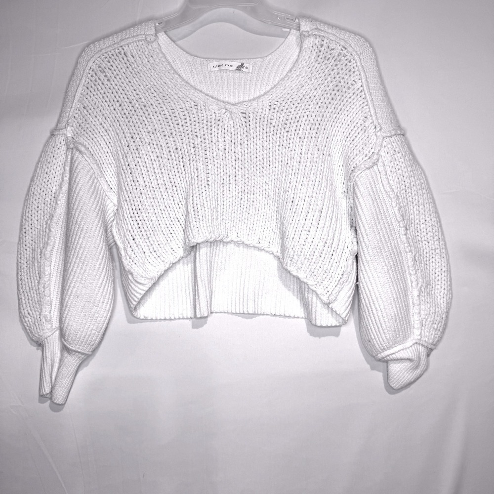 Altar'd State White Chunky Knit Cropped Balloon Sleeve Sweater Small Boho